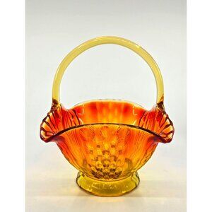 Vintage Amberina Glass Basket With Textured Pineapple Design & Handle